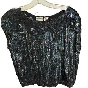 Vintage Star Group Black Sequined Beaded Sleeveless Blouse Top Size Large